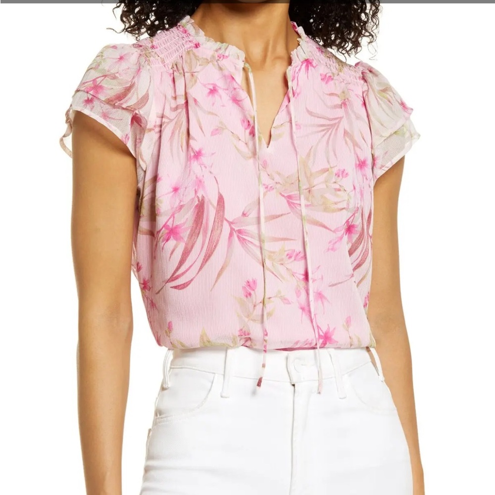 Floral Print Flutter Sleeve Chiffon Blouse